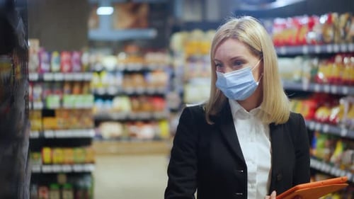 Woman in Mask Shops with Tablet in Grocery Store