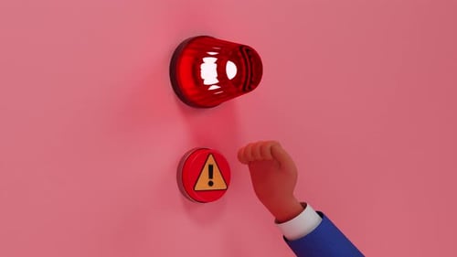 Emergency button and siren animation. 3d render, cartoon style. Hand pressing push button, red light