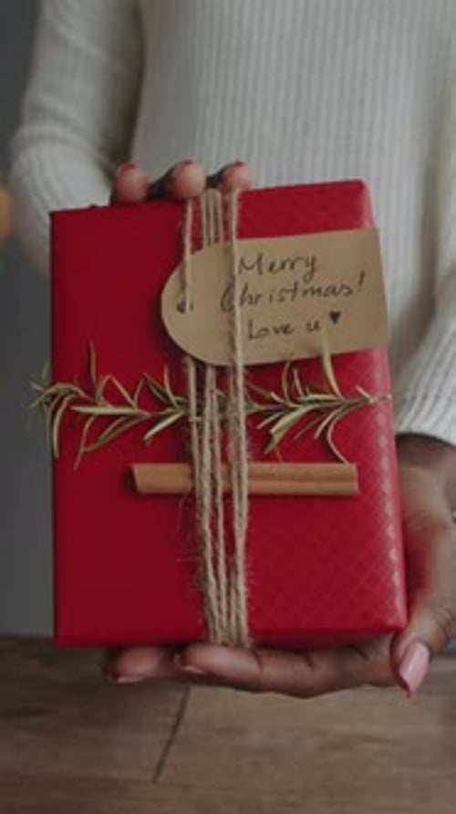 Woman Holds Beautifully Wrapped Christmas Present