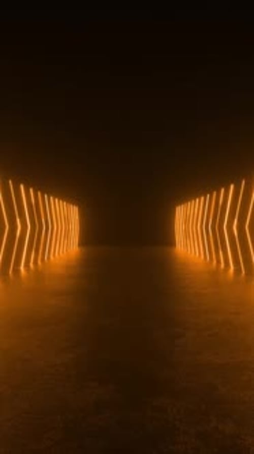 Erkunden Sie in dieser futuristischen 3D-Animationsschleife einen Tunnel, der von gelben Neonlichtern beleuchtet wird.