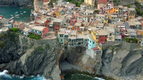 Aerial 4K footage of Vernazza, Cinque Terre in Italy.