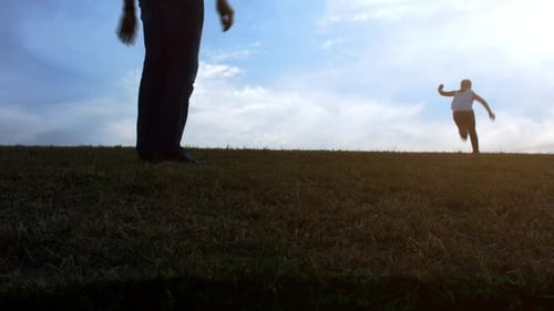 Father and Daughter Flying Kite on Open Field at Sunset, Steadicam