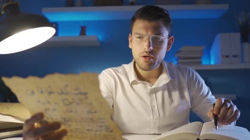 Der Epigraphist, der die historischen Buchstaben untersucht, versucht den Brief zu übersetzen.
