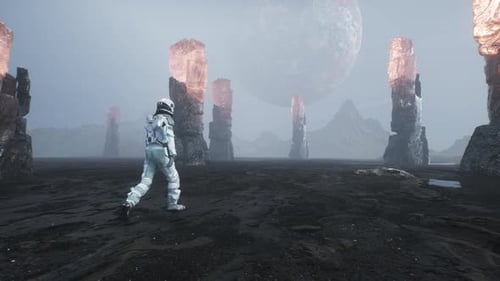 Astronaut Walks On The Surface Of A Alien Planet With A View Of Space Landscape Cinematic Backdrop