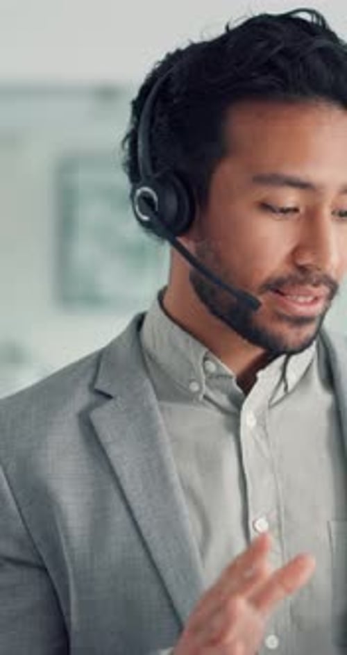 Headset, talking and business man on tablet in office for financial advice, investor and consulting