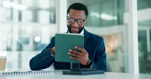 Professional, tablet and black man in office with research for finance report with budget planning