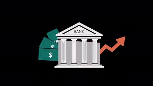Bank Building with Money and Upward Arrow. Financial Growth Concept Animation Video - Transparent