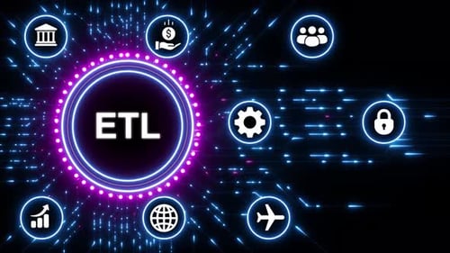 Concepto de integración de datos ETL de Extract Transform Load con tecnología de redes digitales e íconos