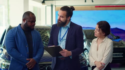 Friendly Car Salesman Showcasing Dealership Vehicles to Clients
