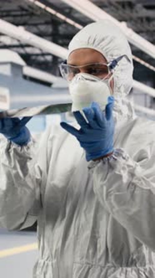 Vertical Video Cleanroom Technician Holding Processed Silicon Wafer