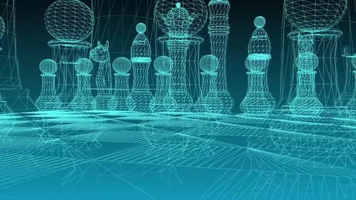 Piezas de ajedrez alámbricas digitales sobre un tablero azul