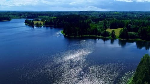 Aerial flight over tranquil lake with sun reflection on water surface during summer - Surrounded by