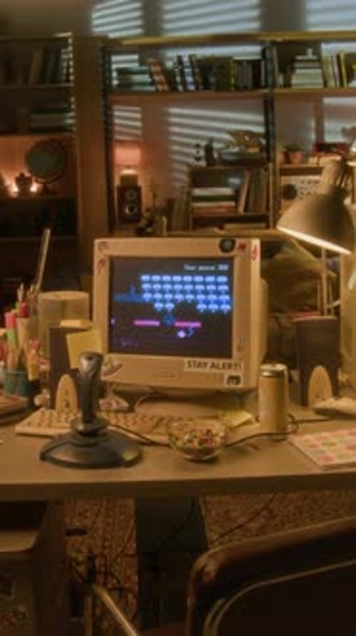Retro Computer Playing Game on Cluttered Desk
