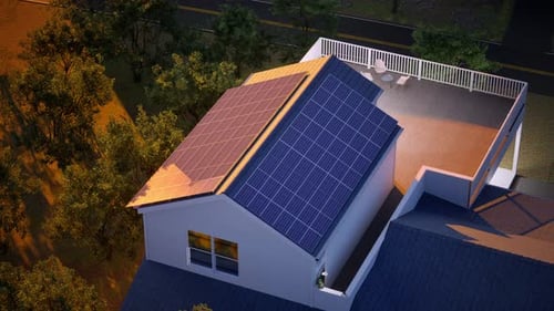 Rooftop Solar Panels On Home In Neighborhood. Sun Reflects Light
