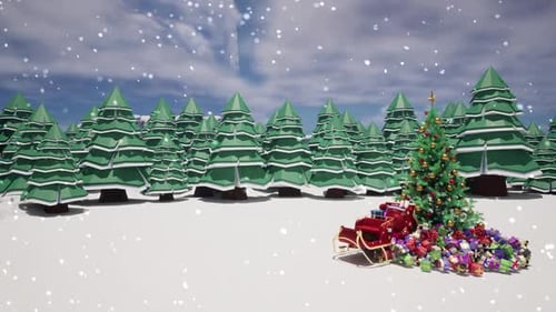 Festive Christmas Tree and Sleigh in Snowy Winter Forest