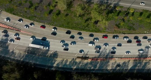 Traffic on a highway junction. Aerial view of road interchange