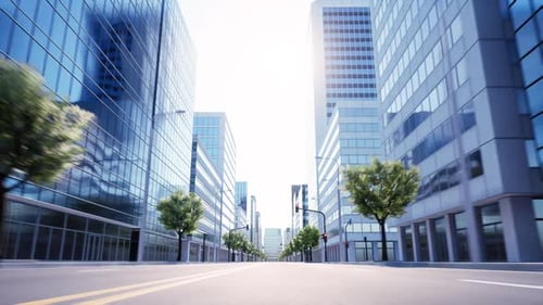 A bustling city street with modern structures