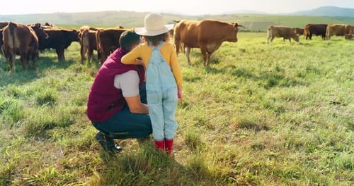 Countryside farm, farmer man and child bonding in nature, talking and relax conversation