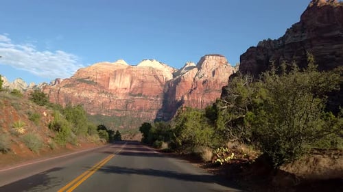 POV footage of driving the scenic road in the Zion National Park