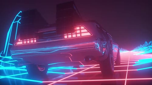 Retro Futuristic Synthwave Car in Neon Grid - 80s Cyberpunk Aesthetic