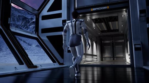 Astronaut Walks In Futuristic Sci Fi Base Hallway On Icy Planet 1