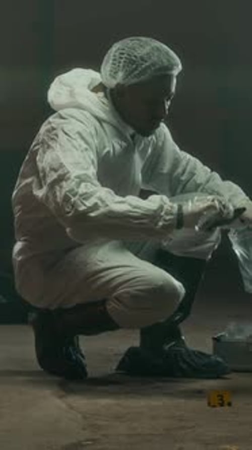 Scientist in Hazmat Suit Collecting Crime Scene Evidence