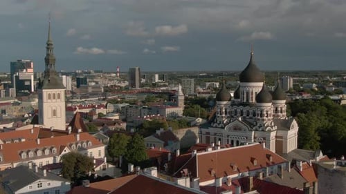 Aerial footage of old town Tallinn in Estonia
