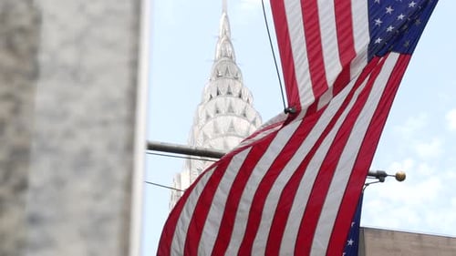 Chrysler Building Framed by American Flags in NYC