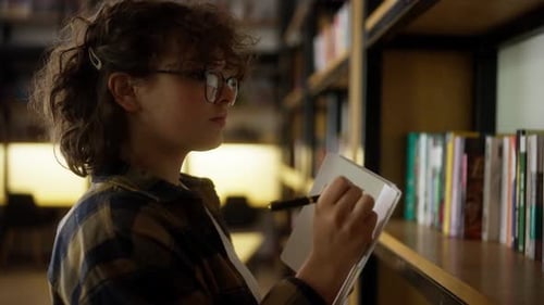 Young Adult Writing in Library Notebook Surrounded by Books