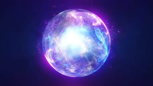 Abstract energy blue sphere with flying glowing purple particles and magic field, science futuristic