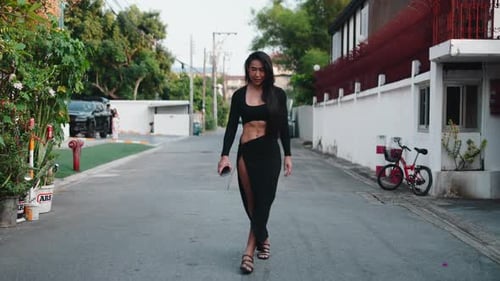 Stylish Woman Walks on Street in Black Dress