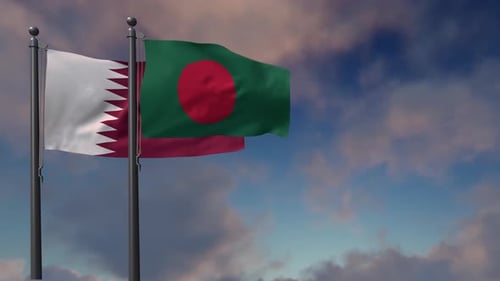 Qatar and Bangladesh National Flags Waving Together