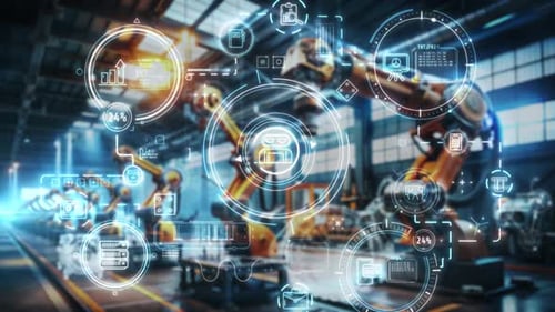 Infografía de producción robótica y automatizada sobre antecedentes industriales