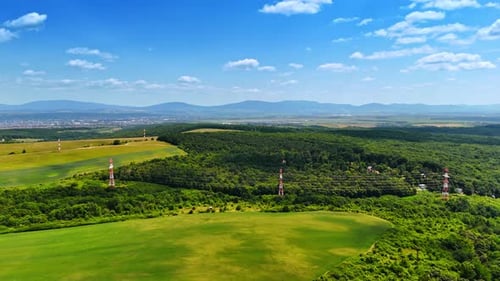 Electrical transmission towers set near the lush green forest.