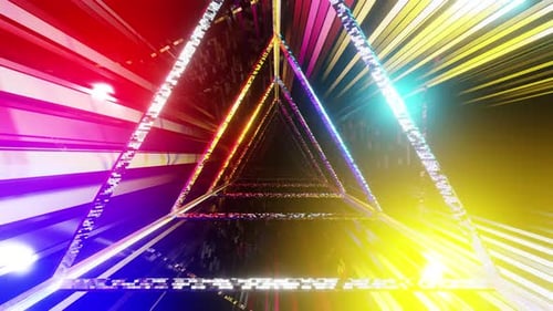 Un tunnel triangulaire de formes géométriques rotatives scintille et scintille avec des lignes lumineuses, rendu 3D