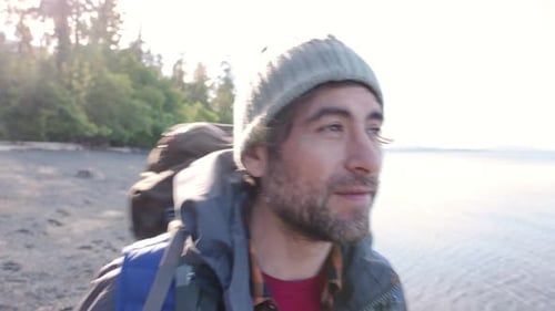 Carefree Man in Knit Hat Hing on Sunny Ocean Beach 4044 Years