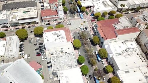 Drone Shot of Downtown Westwood in Los Angeles, California with Views of City Life on a Warm Summer