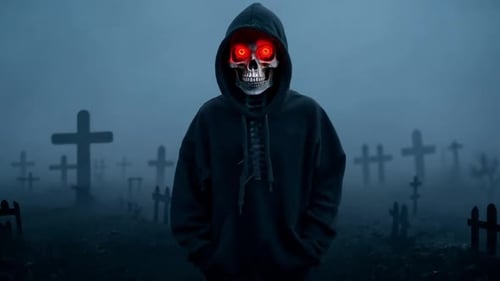 Sudadera con capucha de hombre con brillantes ojos rojos, fondo de terror