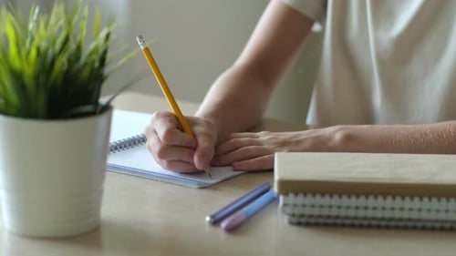 Child Girl Doing Homework Close Up Student Writing Studying at Home