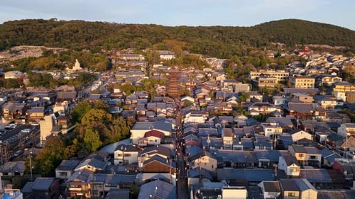 Aerial drone view of the Yasaka Pagoda temple in daylight, Kyoto, Japan
