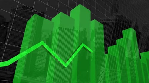 Animation of financial data processing with green lines over grid and cityscape