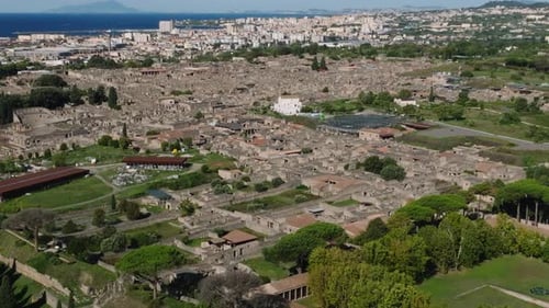 Ruins Of The Ancient City Of Pompeii In Italy - aerial drone shot