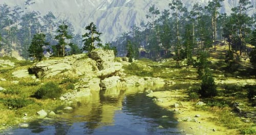 Malerische Landschaft mit einem ruhigen Fluss, der Berge in der Ferne widerspiegelt