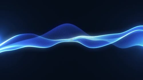 Abstract glowing digital cyber wave composed of particles and dots moving on blue background