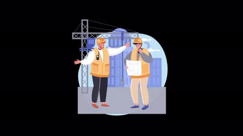 Construction Workers Discussing Blueprints on a Building Site with Crane in Background