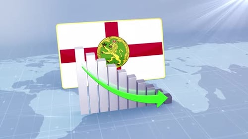Alderney Flag With Decrease Bar Chart Graph And Arrow Green