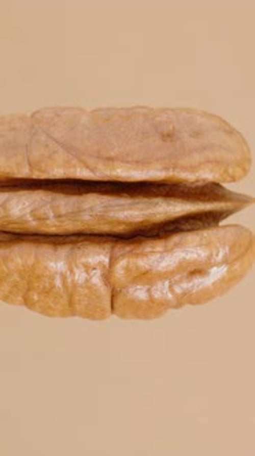 Vertical video. Peeled pecan nut cyclically rotates in close-up on a brown background.