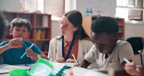 Drawing, teacher and children in school classroom for development, growth or learning