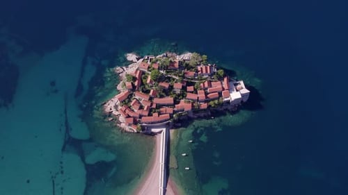Aerial view of Sveti Stefan island resort, Montenegro.