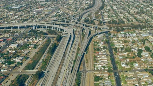 Aerial View of 110 Highway Traffic on a Sunny Day in Los